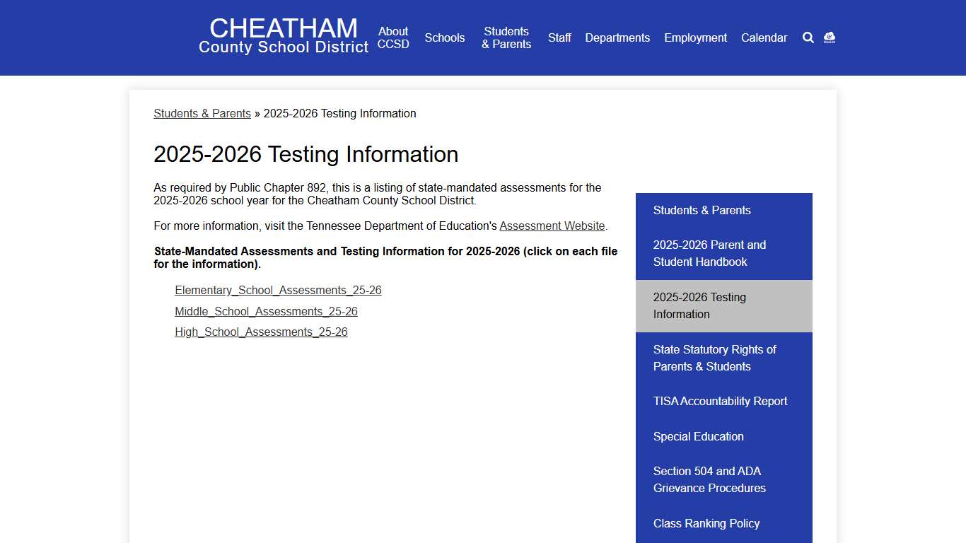 2025-2026 Testing Information – Students & Parents – Cheatham County School District